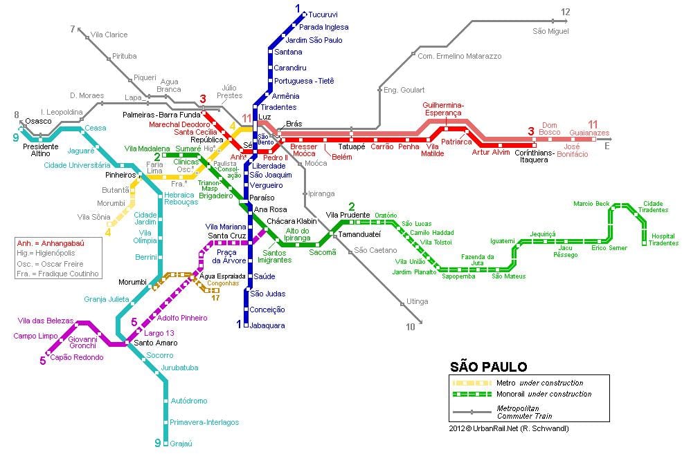 Bản đồ của São Paulo, đường ray xe lửa
